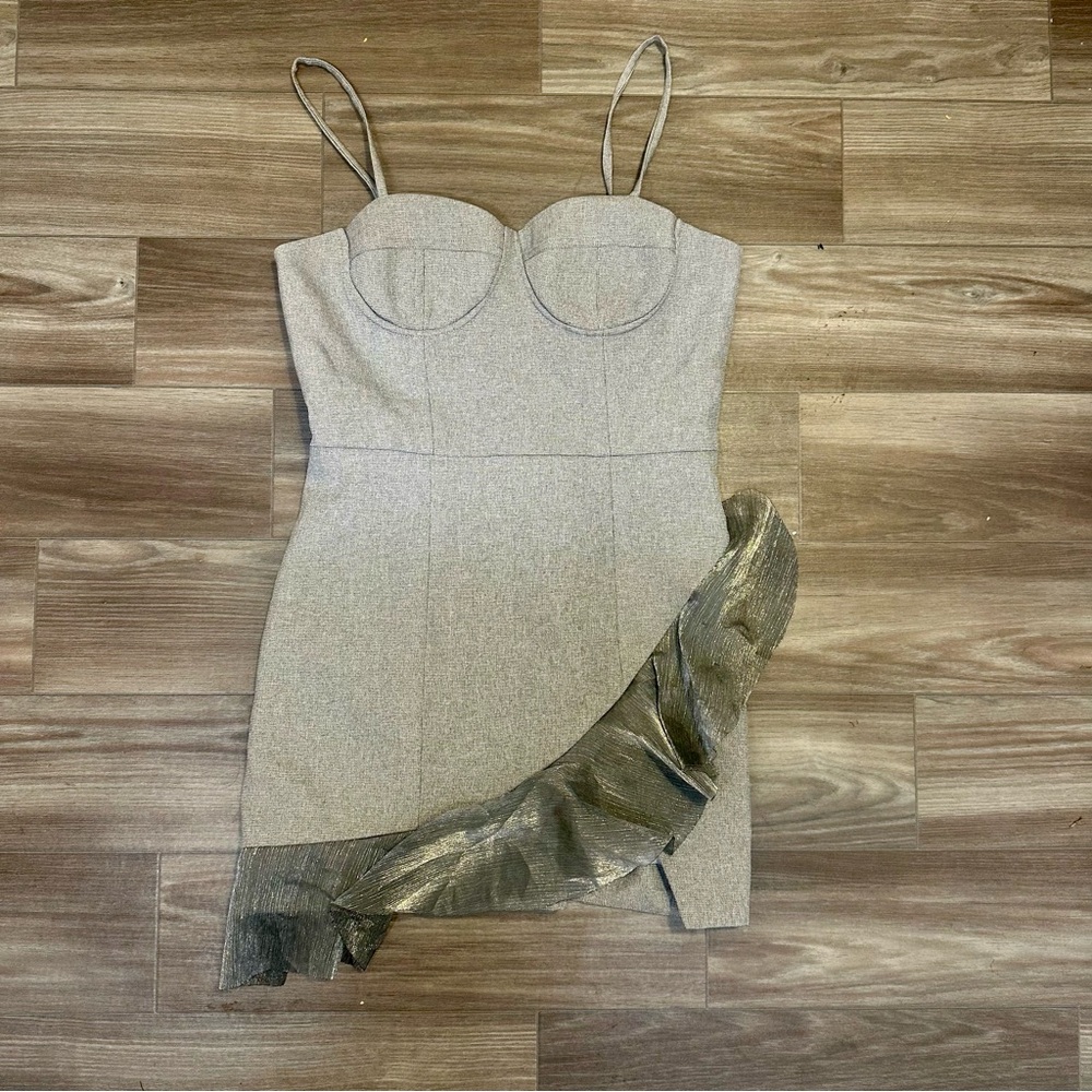 Xiaoq Studio Corset Top Spaghetti Strap Gray Ruffled Mini Dress, Small